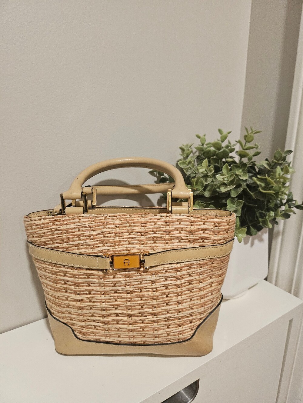 Etienne Aigner Natural Woven Tote with Beige Leather Trim